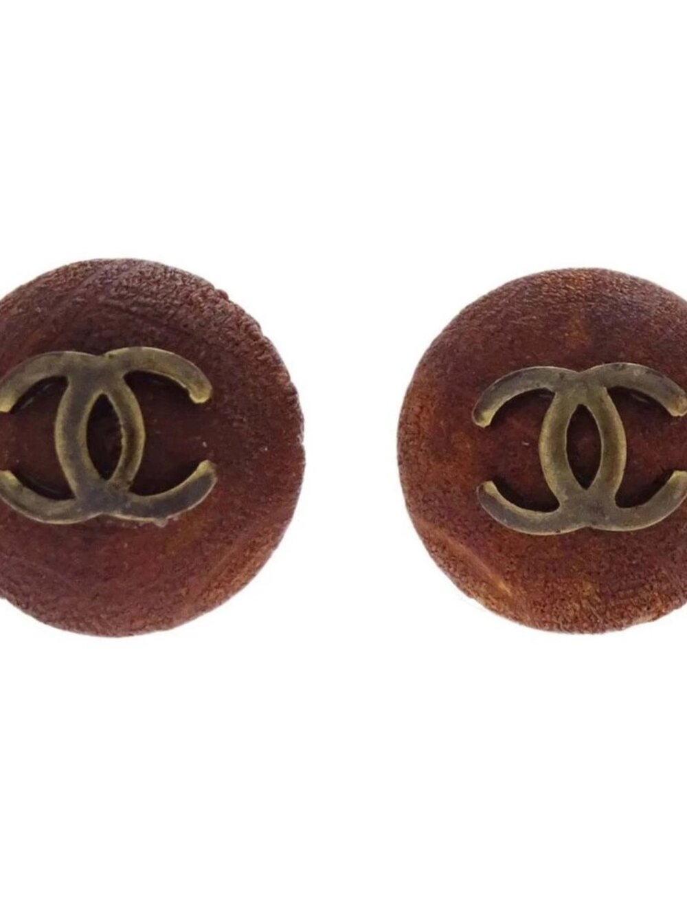 Chanel Button Pierced Earrings Wood Brown 98A 188560